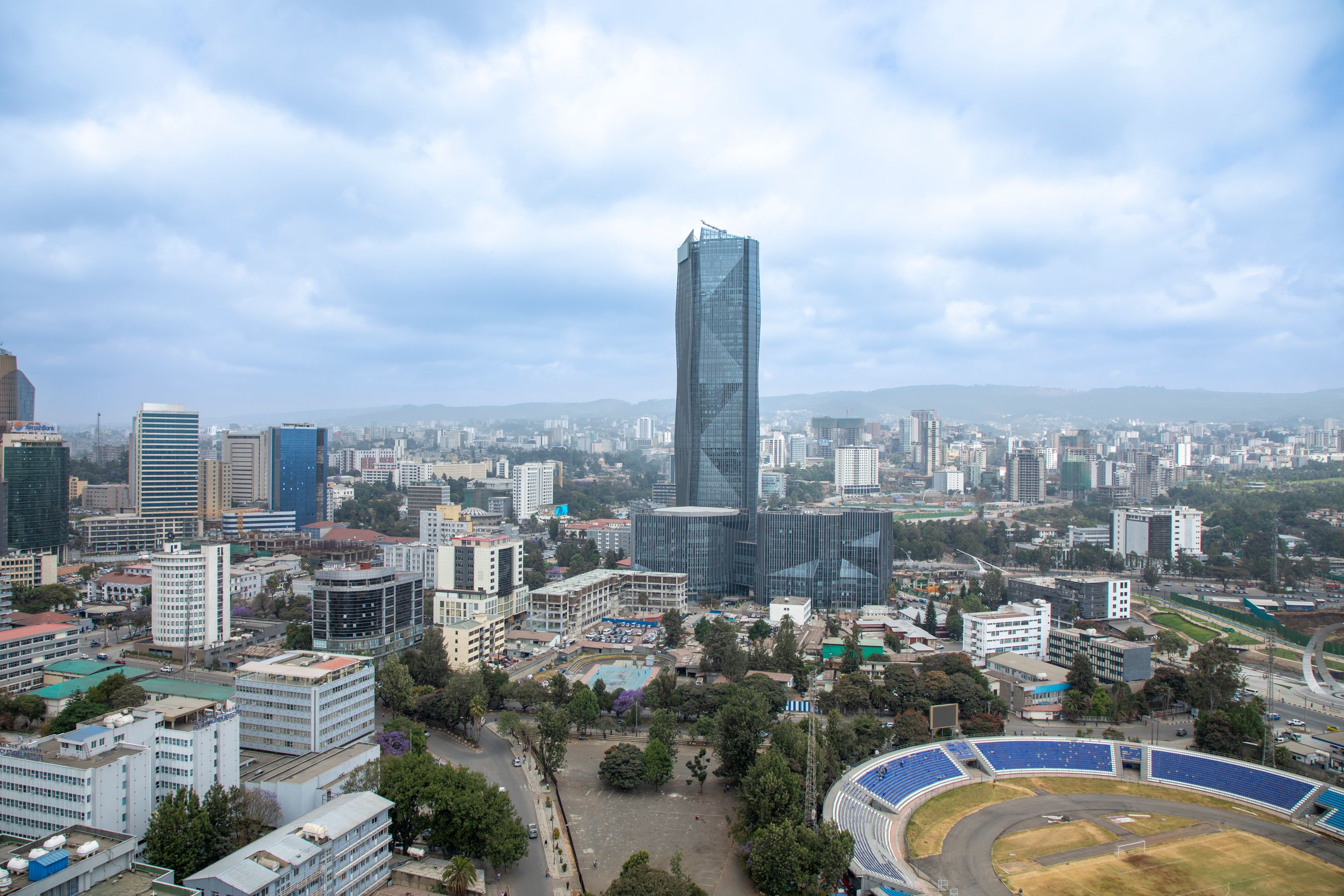 Stunning aerial view of the Addis Ababa skyline featuring a prominent skyscraper.