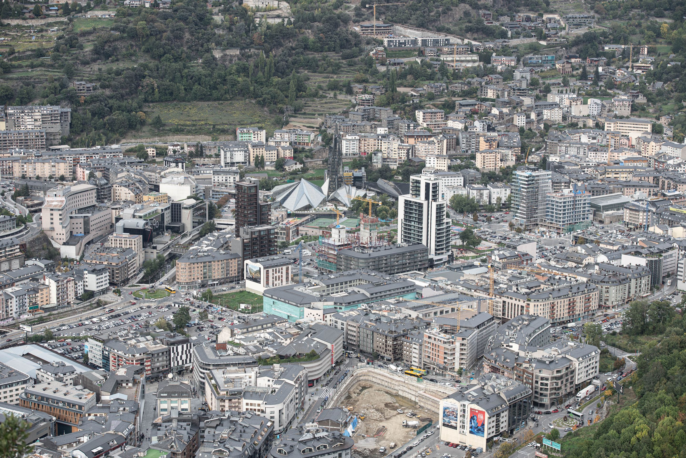 Aerial perspective of Andorra la Vella showcasing its urban landscape and unique architecture.
