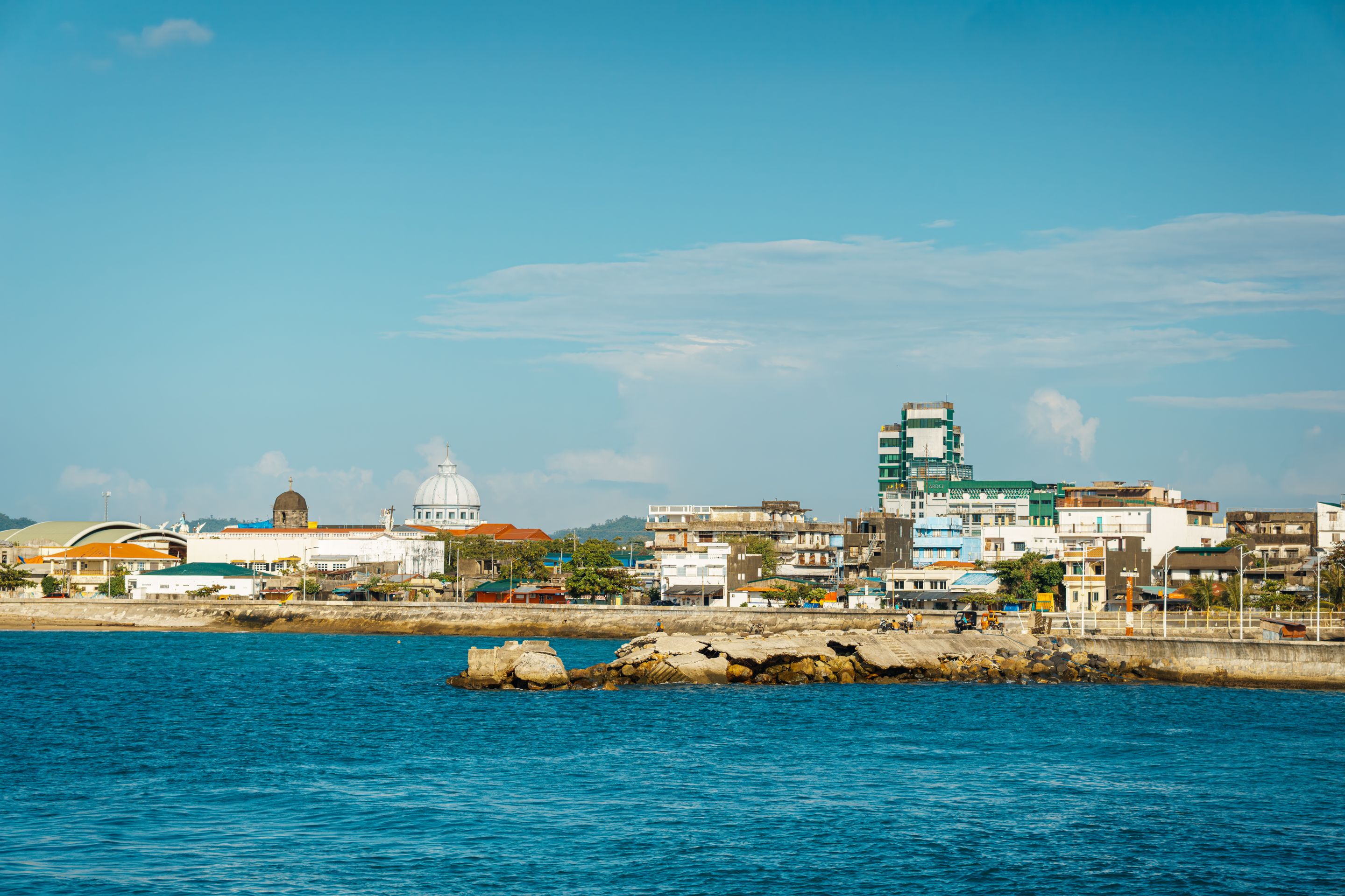 Panoramic view of a vibrant coastal cityscape with clear blue skies and ocean foreground.
