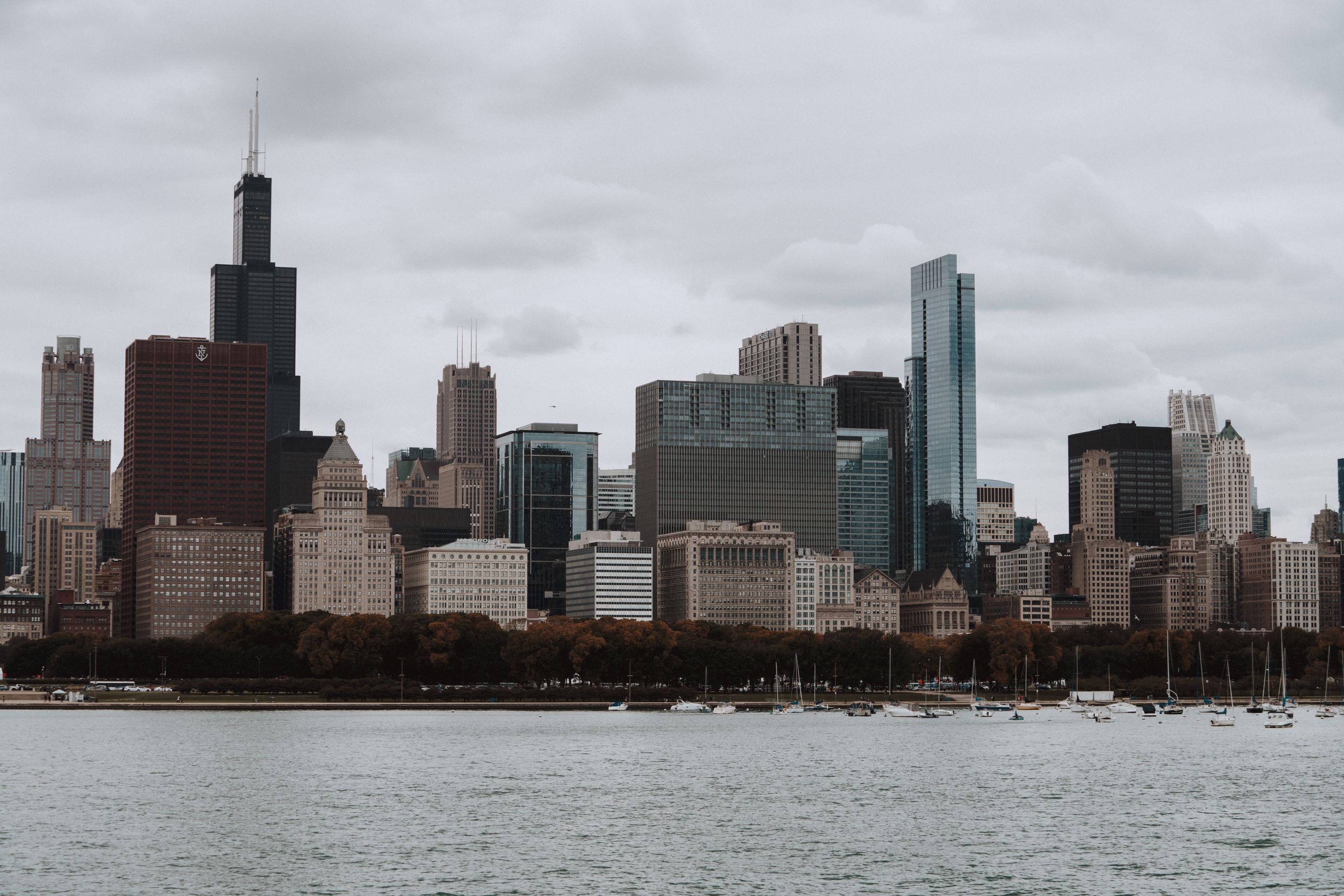 Stunning view of Chicago's skyline with Willis Tower under a cloudy sky.