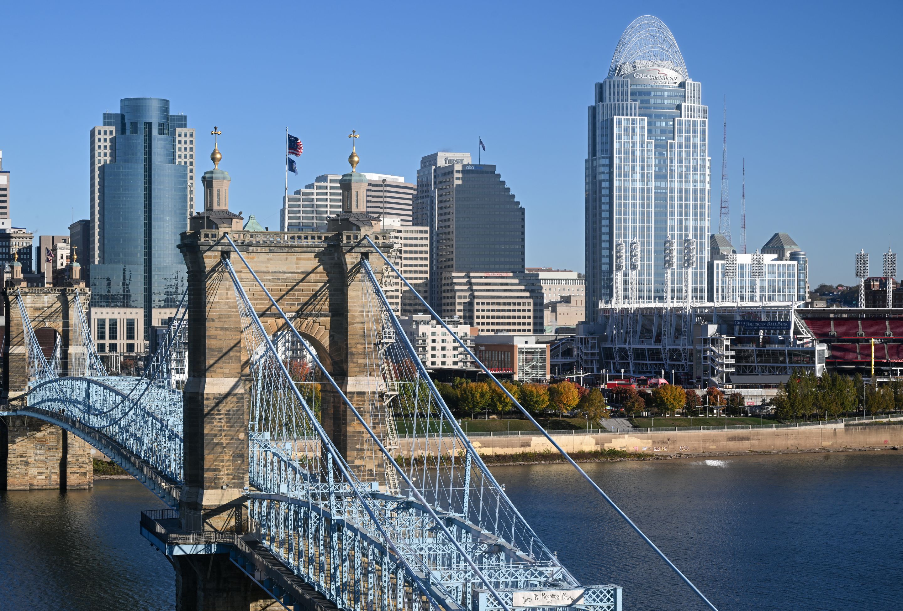Stunning view of Cincinnati skyline featuring the historic Roebling Suspension Bridge.