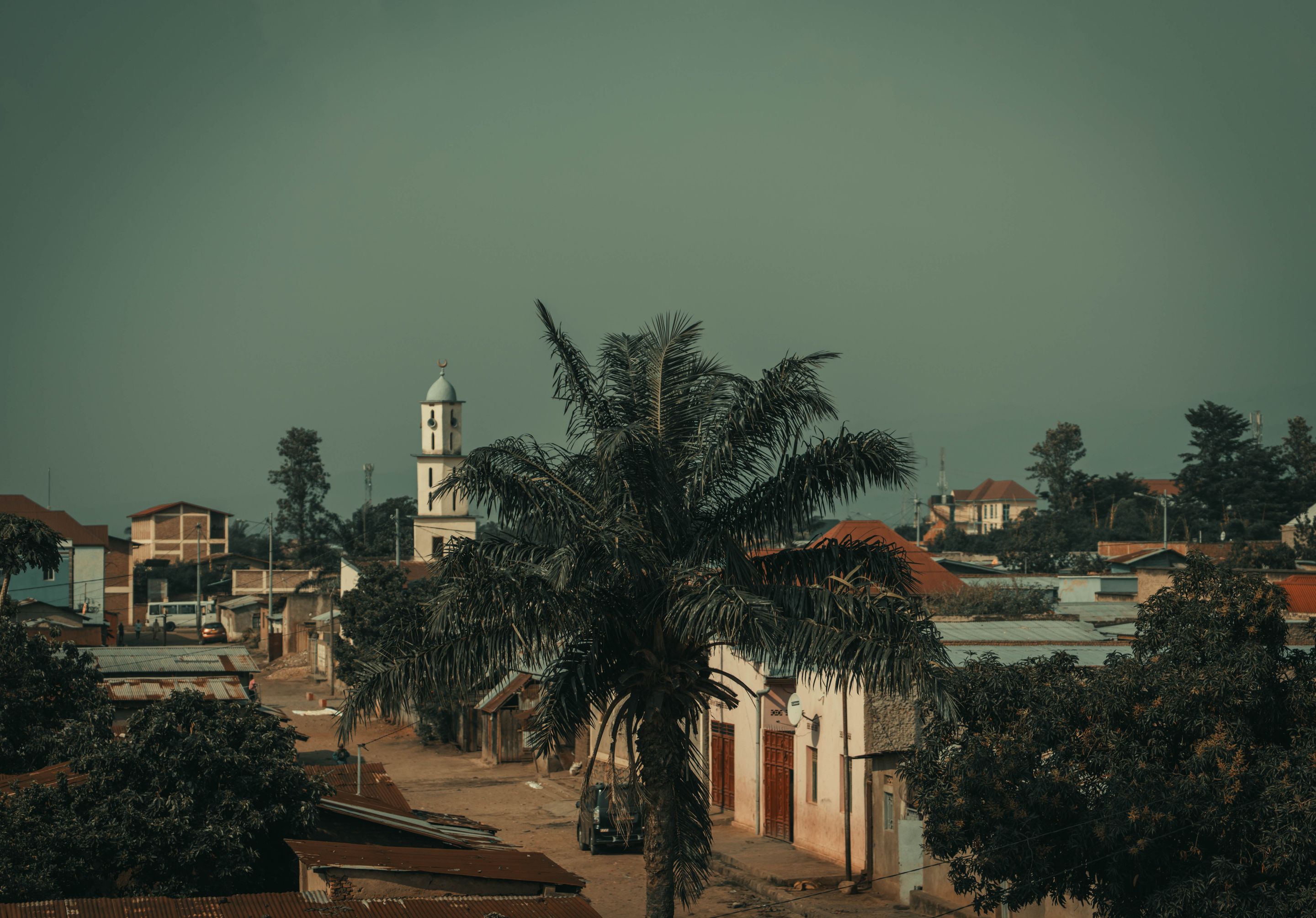 Scenic view of Bujumbura cityscape featuring a prominent church tower and palm tree.