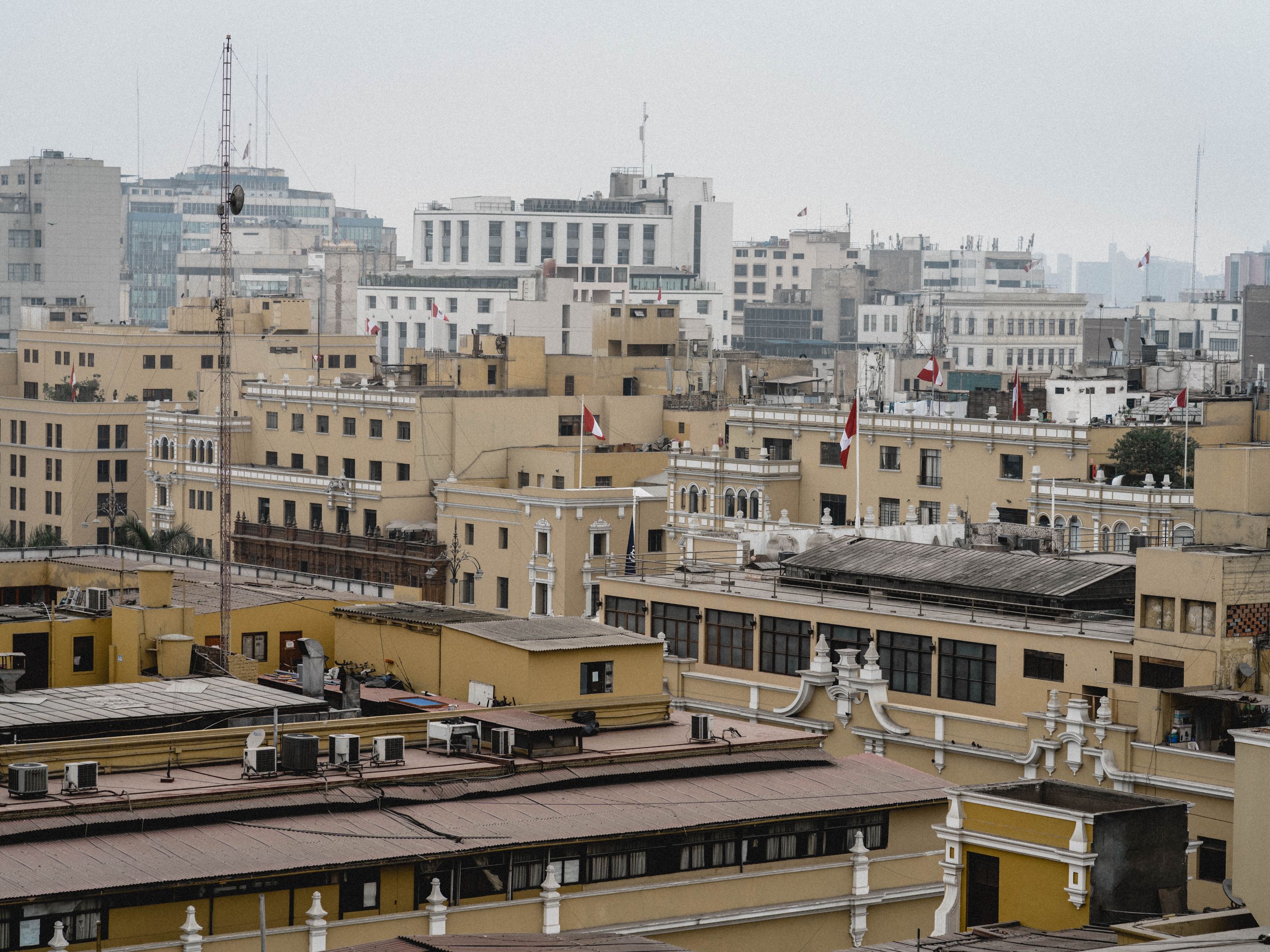 Aerial view of the historic urban landscape in Lima, Peru, showcasing classic architectural styles.